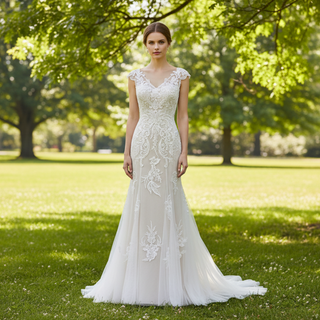 Vneck Floral Lace Tule Fit and Flare Wedding Dress with Cap Sleeve