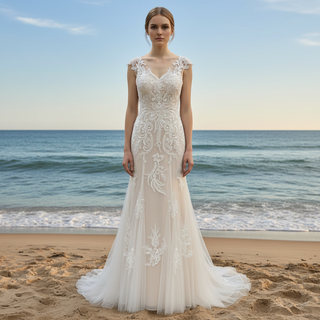 Vneck Floral Lace Tule Fit and Flare Wedding Dress with Cap Sleeve