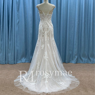 Vneck Floral Lace Tule Fit and Flare Wedding Dress with Cap Sleeve