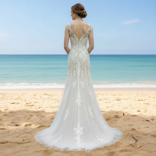 Vneck Floral Lace Tule Fit and Flare Wedding Dress with Cap Sleeve