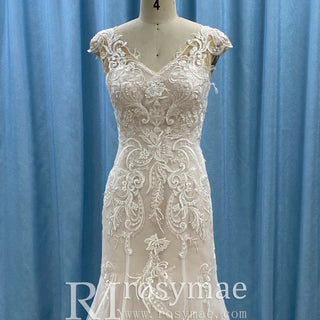 Vneck Floral Lace Tule Fit and Flare Wedding Dress with Cap Sleeve