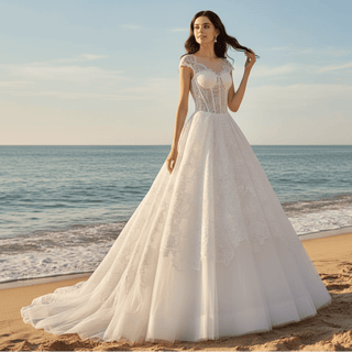 Lace Vintage Cap Sleeve Wedding Dress with Sheer Bodice - Rosymae