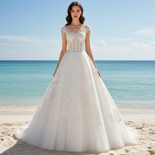Lace Vintage Cap Sleeve Wedding Dress with Sheer Bodice - Rosymae