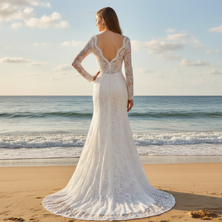 Romantic Mermaid Lace Princess Wedding Dresses with Long Sheer Sleeves