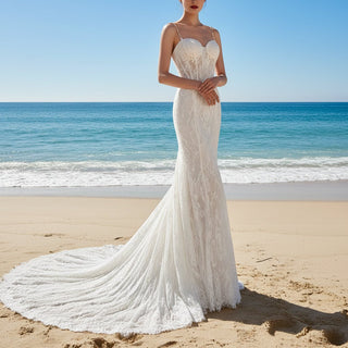 Lace Wedding Dress with Sheer Bodice and Spaghetti Strap - Rosymae