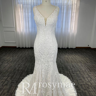 Deep V-Neck Glitter Lace Mermaid Wedding Dresses with Open Back