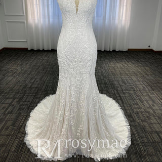 Deep V-Neck Glitter Lace Mermaid Wedding Dresses with Open Back