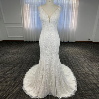 Deep V-Neck Glitter Lace Mermaid Wedding Dresses with Open Back