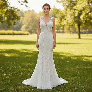 Deep V-Neck Glitter Lace Mermaid Wedding Dresses with Open Back