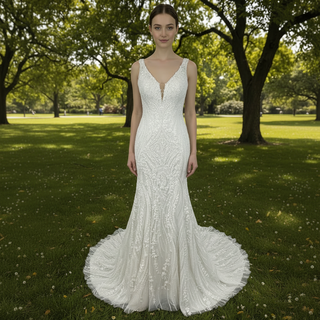 Deep V-Neck Glitter Lace Mermaid Wedding Dresses with Open Back