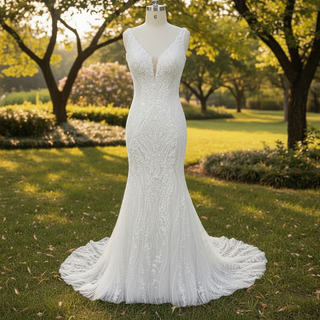 Deep V-Neck Glitter Lace Mermaid Wedding Dresses with Open Back