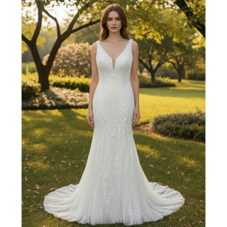 Deep V-Neck Glitter Lace Mermaid Wedding Dresses with Open Back