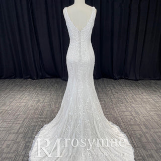 Deep V-Neck Glitter Lace Mermaid Wedding Dresses with Open Back