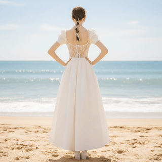 Lantern Short Sleeve Tea Length Wedding Dress with Square-neck - Rosymae
