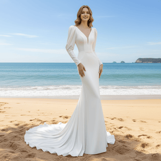 Latern Long Sleeve Mermaid Wedding Dress with Deep V Neck - Rosymae