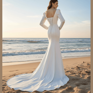 Latern Long Sleeve Mermaid Wedding Dress with Deep V Neck - Rosymae