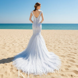 Latest Beading Sequined Wedding Dress V-Neck Vintage Mermaid Bridal Gown - Rosymae