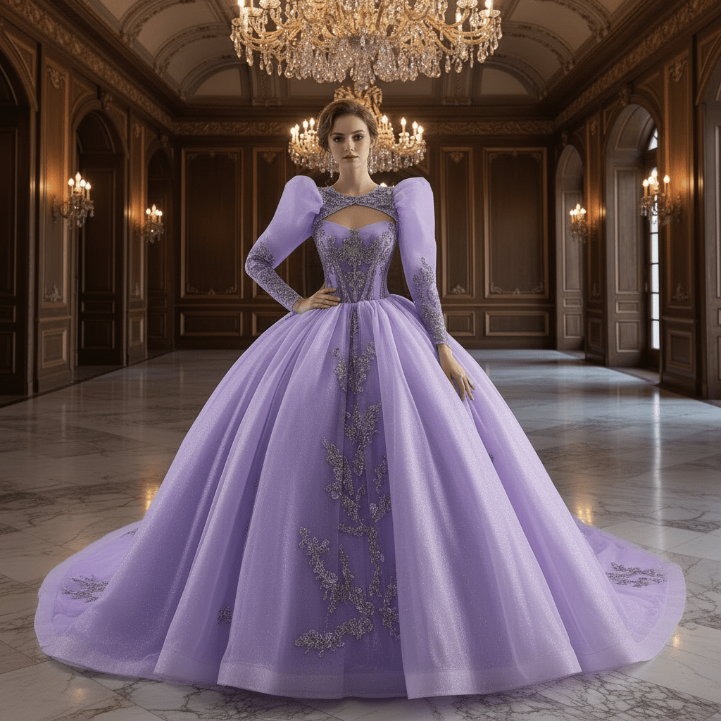 Lavender Ball Gown Quinceanera Dress with Detachable Puff Sleeves - Rosymae