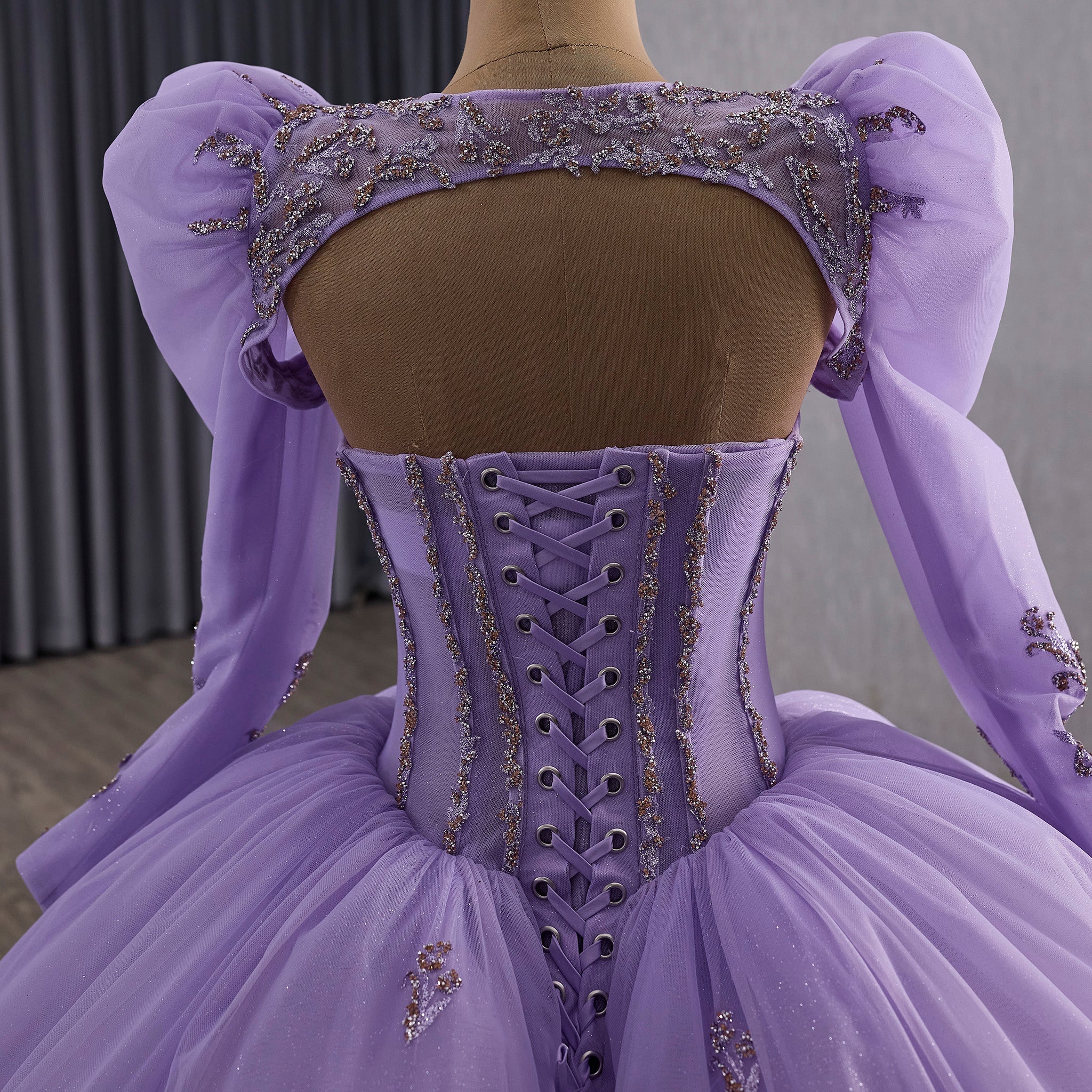 Lavender Ball Gown Quinceanera Dress with Detachable Puff Sleeves - Rosymae
