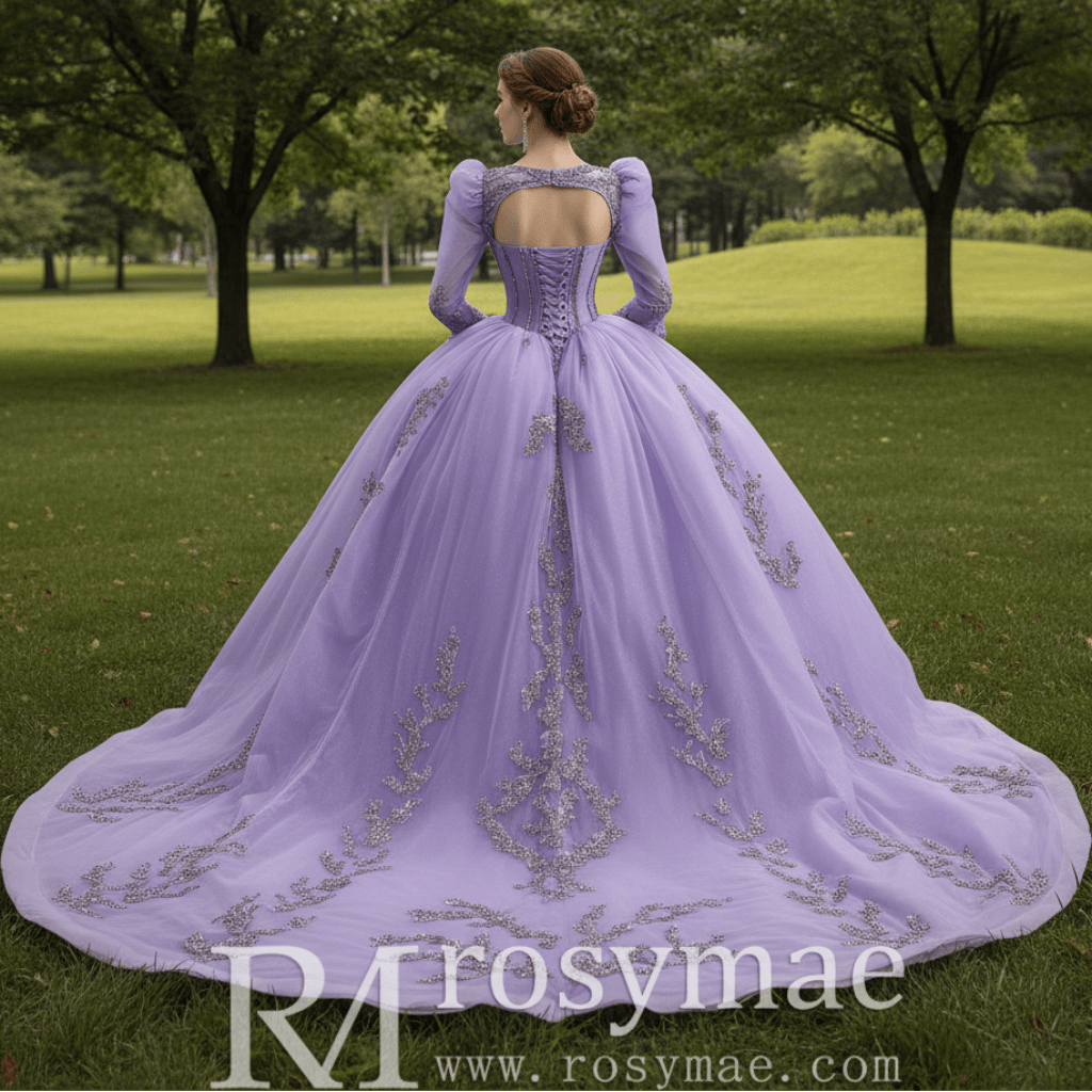 Lavender Ball Gown Quinceanera Dress with Detachable Puff Sleeves - Rosymae