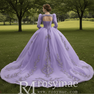 Lavender Ball Gown Quinceanera Dress with Detachable Puff Sleeves - Rosymae