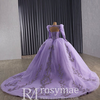 Lavender Ball Gown Quinceanera Dress with Detachable Puff Sleeves - Rosymae