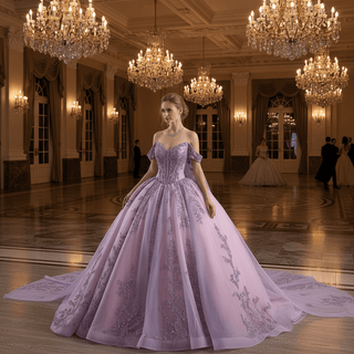 Lavender Floral Lace Quinceañera Dress with Corset Bodice & Lace Appliqués - Rosymae