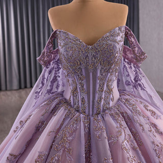 Lavender Floral Lace Quinceañera Dress with Corset Bodice & Lace Appliqués - Rosymae