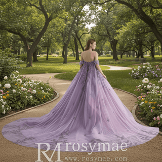 Lavender Floral Lace Quinceañera Dress with Corset Bodice & Lace Appliqués - Rosymae