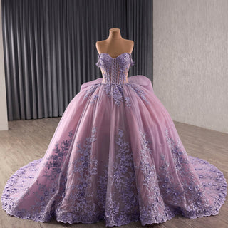 Lavender Floral Lace Quinceañera Dress with Corset Bodice with Cathedral Train - Rosymae