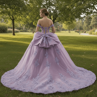 Lavender Floral Lace Quinceañera Dress with Corset Bodice with Cathedral Train - Rosymae