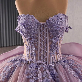 Lavender Floral Lace Quinceañera Dress with Corset Bodice with Cathedral Train - Rosymae