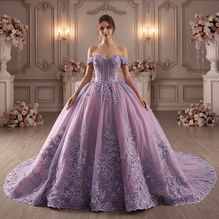 Lavender Floral Lace Quinceañera Dress with Corset Bodice with Cathedral Train - Rosymae