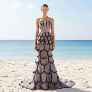 Lavender Gray Scalloped Mermaid Wedding Dress with Black Beaded Tiered Skirt - Rosymae