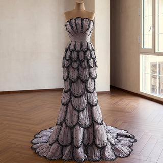 Lavender Gray Scalloped Mermaid Wedding Dress with Black Beaded Tiered Skirt - Rosymae