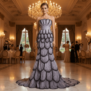 Lavender Gray Scalloped Mermaid Wedding Dress with Black Beaded Tiered Skirt - Rosymae