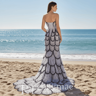 Lavender Gray Scalloped Mermaid Wedding Dress with Black Beaded Tiered Skirt - Rosymae