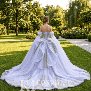 Lavender Off Shoulder Beaded Ball Gown Quinceanera Dress with Draped Tulle Cascade