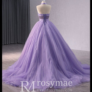 Lavender Sparkly Ruffle Wedding Gown Halter Neck Quinceanera Dress - Rosymae