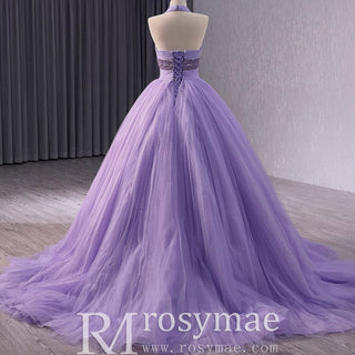 Lavender Sparkly Ruffle Wedding Gown Halter Neck Quinceanera Dress - Rosymae