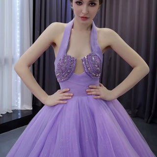 Lavender Sparkly Ruffle Wedding Gown Halter Neck Quinceanera Dress - Rosymae