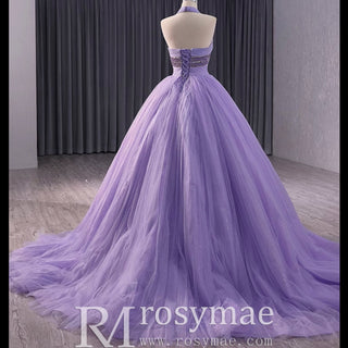 Lavender Sparkly Ruffle Wedding Gown Halter Neck Quinceanera Dress - Rosymae