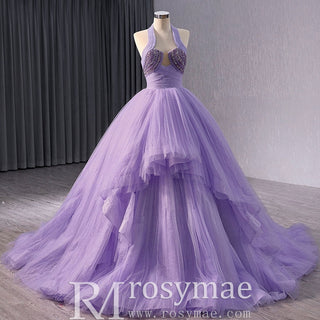 Lavender Sparkly Ruffle Wedding Gown Halter Neck Quinceanera Dress - Rosymae