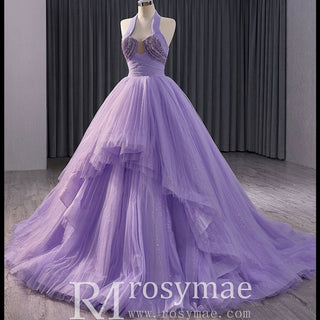 Lavender Sparkly Ruffle Wedding Gown Halter Neck Quinceanera Dress - Rosymae