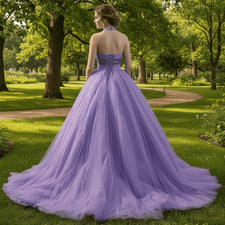 Lavender Sparkly Ruffle Wedding Gown Halter Neck Quinceanera Dress - Rosymae