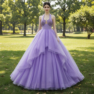 Lavender Sparkly Ruffle Wedding Gown Halter Neck Quinceanera Dress - Rosymae