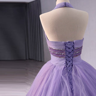 Lavender Sparkly Ruffle Wedding Gown Halter Neck Quinceanera Dress - Rosymae
