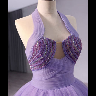 Lavender Sparkly Ruffle Wedding Gown Halter Neck Quinceanera Dress - Rosymae