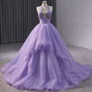 Lavender Sparkly Ruffle Wedding Gown Halter Neck Quinceanera Dress - Rosymae