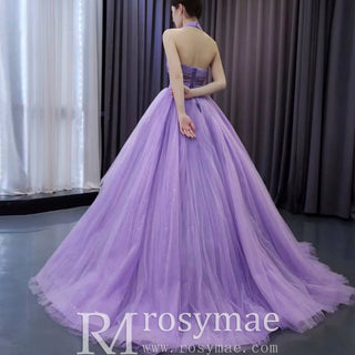 Lavender Sparkly Ruffle Wedding Gown Halter Neck Quinceanera Dress - Rosymae
